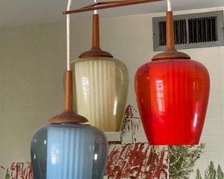1960s Vintage MCM Teak Wood Tri Pendant Colored Glass Light Fixture Triple Chandelier Lamp 3-tier Mid Century Modern		
