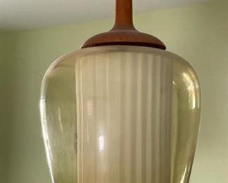 1960s Vintage MCM Teak Wood Tri Pendant Colored Glass Light Fixture Triple Chandelier Lamp 3-tier Mid Century Modern		
