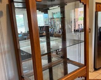 Solid Oak Southwestern design lighted display cabinet	74x30x17in	HxWxD
