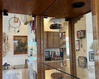 Solid Oak Southwestern design lighted display cabinet	74x30x17in	HxWxD
