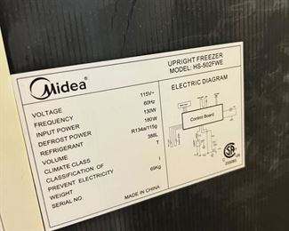 Midea Upright freezer MODEL: HS-502FWE	62.5x28.2x 32in	HxWxD
