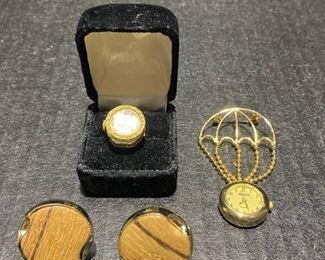 Wooden and Gold Cuff Links Watch Ring and Parachute Watch Pin