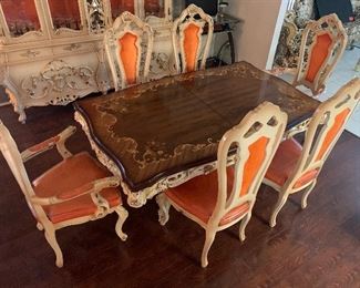 Made in Italy Dining Table w Inlaid Top, 2 Arm Chairs, 4 Side Chairs and 2 Additional Leaves