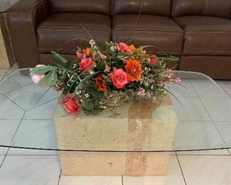 Faux Stone Base w Glass Top Coffee Table and End Table