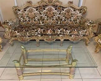 Made in Italy Vintage Carved Sofa and 2 Chairs, Brass and Glass Coffee Table