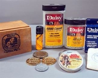 Daisy BBs, Daisy BB Homecoming Collector's Box, Daisy Medallions, And Red Ryder BB Collector Tin (Empty)