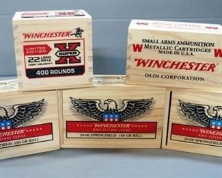 Winchester Wood Ammo Boxes, For .22 LR, 9mm Luger, And 30-06 Sprg Ammo, Total Qty 5, The 30-06 Boxes Are 2.25" H x 6.75"W x 4.25" D