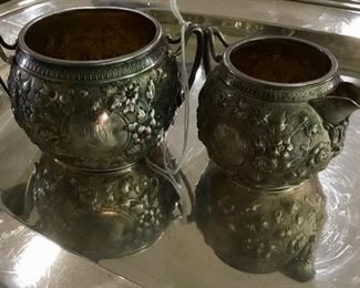 Pair Sterling Silver Repousse Cream & Sugar; dated 1880