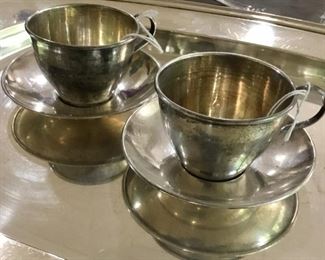 Pair Sterling Silver Cups & Saucers