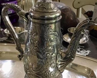 Impressive Sterling Silver English Repousse Coffee; 19th c