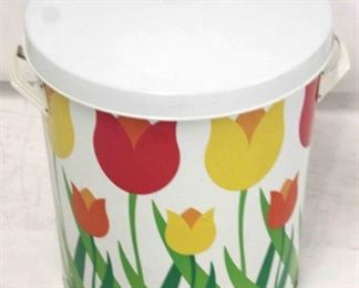 24 - Large vintage metal covered can with tulips 16 diameter x 20 tall
