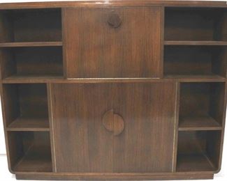 67 - Vintage mid-century bookcase / bar drop down bar cabinet double doors at bottom 60 long x 12 wide x 49 tall
