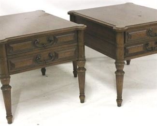 102 - Pair Heritage Grand Tour collection end tables with 2 drawers molding loss on one side 24 1/4 x 24 x 28
