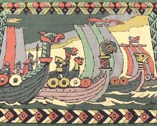 143 - Mid-century hanging tapestry of Viking boats 31 x 48
