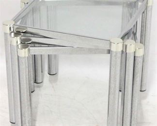 147 - Chrome & glass set of 3 small tables 14 3/4 x 16 x 16
