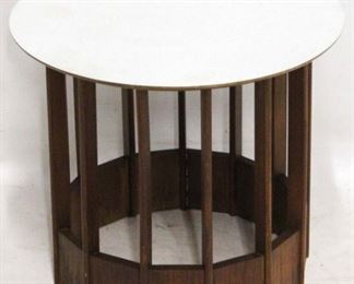 184 - Vintage round laminate top table by Hickory 18 x 21 diameter
