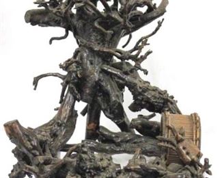 255 - Unique vintage tangled wood sculpture with crab & bridge at base 14 1/2 x 28 x 16

