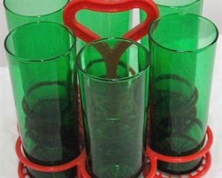 270 - Vintage set green tumblers in plastic carrier tumblers 6 1/2 tall
