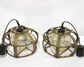283 - Pair woven rattan vintage hanging pendants 8 x 11 each
