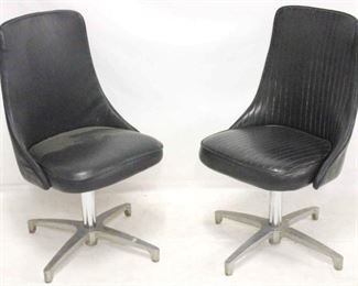 318 - Chromcraft black mid-century swivel chairs one has striped upholstery 36 x 20 x 20
