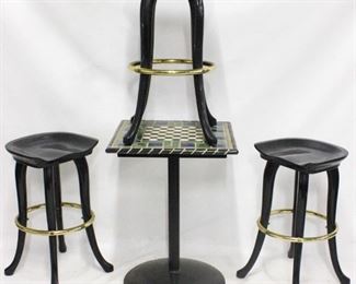 320x - Set of 3 ebony finish molded seat barstools brass footrests

