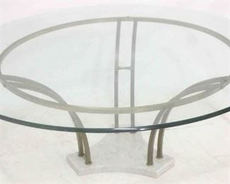 343 - Marble & brass glass top cocktail table 18 x 48 diameter
