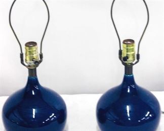 399 - Pair dark blue pottery lamps, no shades 17" tall
