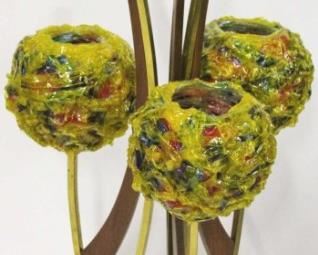 402 - Killer 3 lite vintage brass & wood lamp working condition has 3 settings for lights 3 spun ribbon acrylic ball shades 42 1/2" tall
