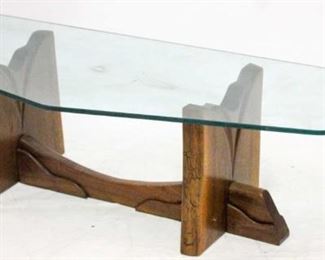 416 - Handcrafted & carved studio coffee table glass top 15 3/4 x 64 x 22
