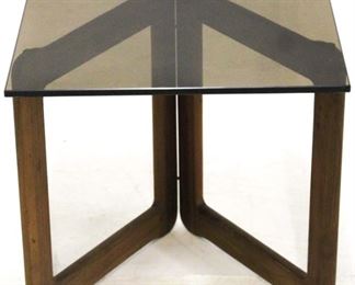 418 - Folding base, smokey glass top side table 20 1/2 x 20 x 20

