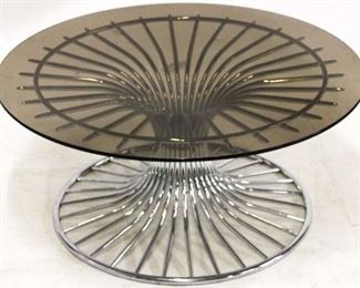 420 - Vintage Italian chrome round coffee table Smokey glass top 16 x 36 diameter
