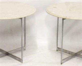 423 - Pair marble top tables, X metal bases 23 1/2 x 29 1/2 diameter
