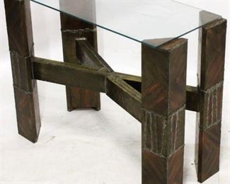 422 - Paul Evans style table with glass top one leg is loose at joint 24 x 30 1/2 x 12
