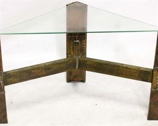 424 - Paul Evans style triangular console table 24 x 42 1/2 x 21 glass top