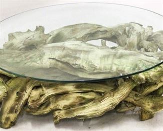427 - Vintage driftwood base, glass top, coffee table 15 x 36 diameter

