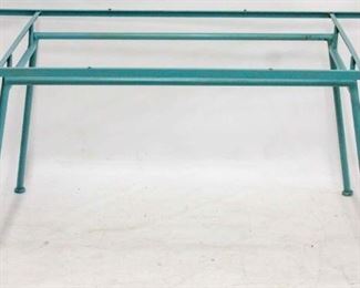 437 - Vintage teal metal patio table base, no top 28 x 60 x 33