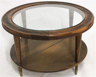 473 - Scandinavian round 2 tier glass top cocktail table 16 x 27 diameter glass is slightly larger than needed
