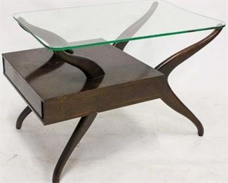 485 - Unusual offset end table with glass top & drawer Dark mahogany stain 22 x 20 x 33
