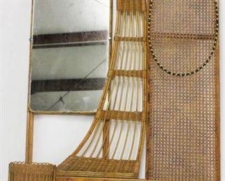 487 - Very unusual wicker & wood large hall mirror with 3 attached coat hooks & umbrella basket 77 x 51 x 10
