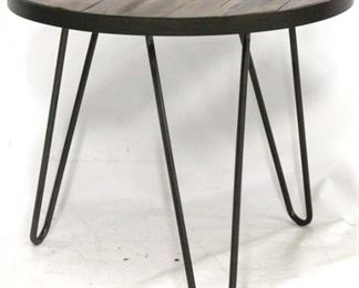 497 - Metal hairpin base round wood top table 21 x 24 diameter
