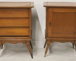 505x - Pair mid-century bedside stands one with door, one with 3 drawers 26 1/2 x 19 1/2 x 15
