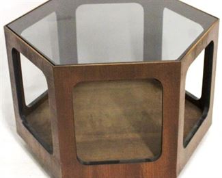 517 - Mid-century hexagonal drum table, smokey glass 20 x 26 1/2 x 30 1/2
