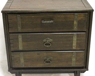 519 - Vintage 3 drawer bachelor chest metal strap front drawers 30 x 30 x 19 wear spot on top, old spill in drawer
