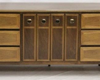524 - American of Martinsville long 9 drawer dresser contrasting veneer, fitted interior drawers 5 legs, needs to be tightened 30 x 74 x 18 1/2
