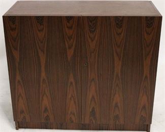 527 - Mid-century rosewood double door desk Lock is in lock position, no key included 35 1/2 x 40 x 17
