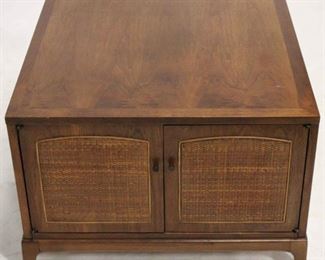 528 - Lane Rhythm walnut caned front 2 door table 19 x 28 x 28
