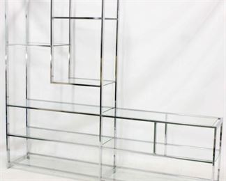 550 - Vintage chrome & glass large wall etagere 75 1/2 x 83 x 16 one shelf has large chip on corner, another shelf has smaller chip
