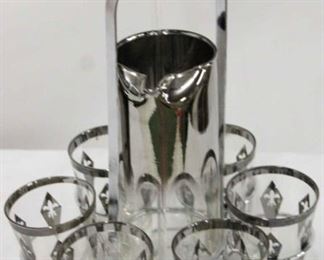 557 - Vintage Dorothy Thorpe cocktail mixer set ombre silver mixer with glass swizzle stick 6 liquor glass
