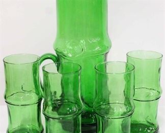 561 - Vintage forest green 5 piece lemonade set pitcher 12" tall glasses 6 1/2" tall
