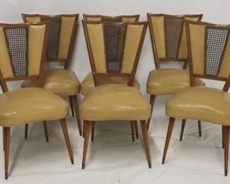 581x - Danish set of 6 cane & vinyl dining chairs Nail head trim 36 1/2 x 17 1/2 x 19 Some loss to vinyl & one chair has split in back, needs reglued see photo
